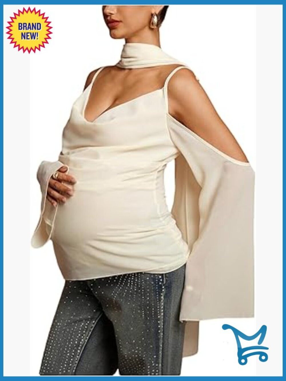 Maternity Cold Shoulder Bell Sleeve Top with Scarf